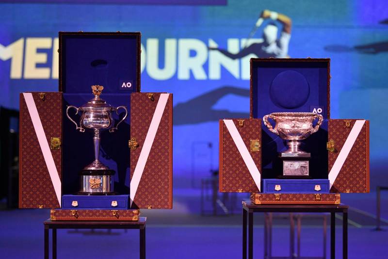 Australian Open trophies on court on the Rod Laver Arena