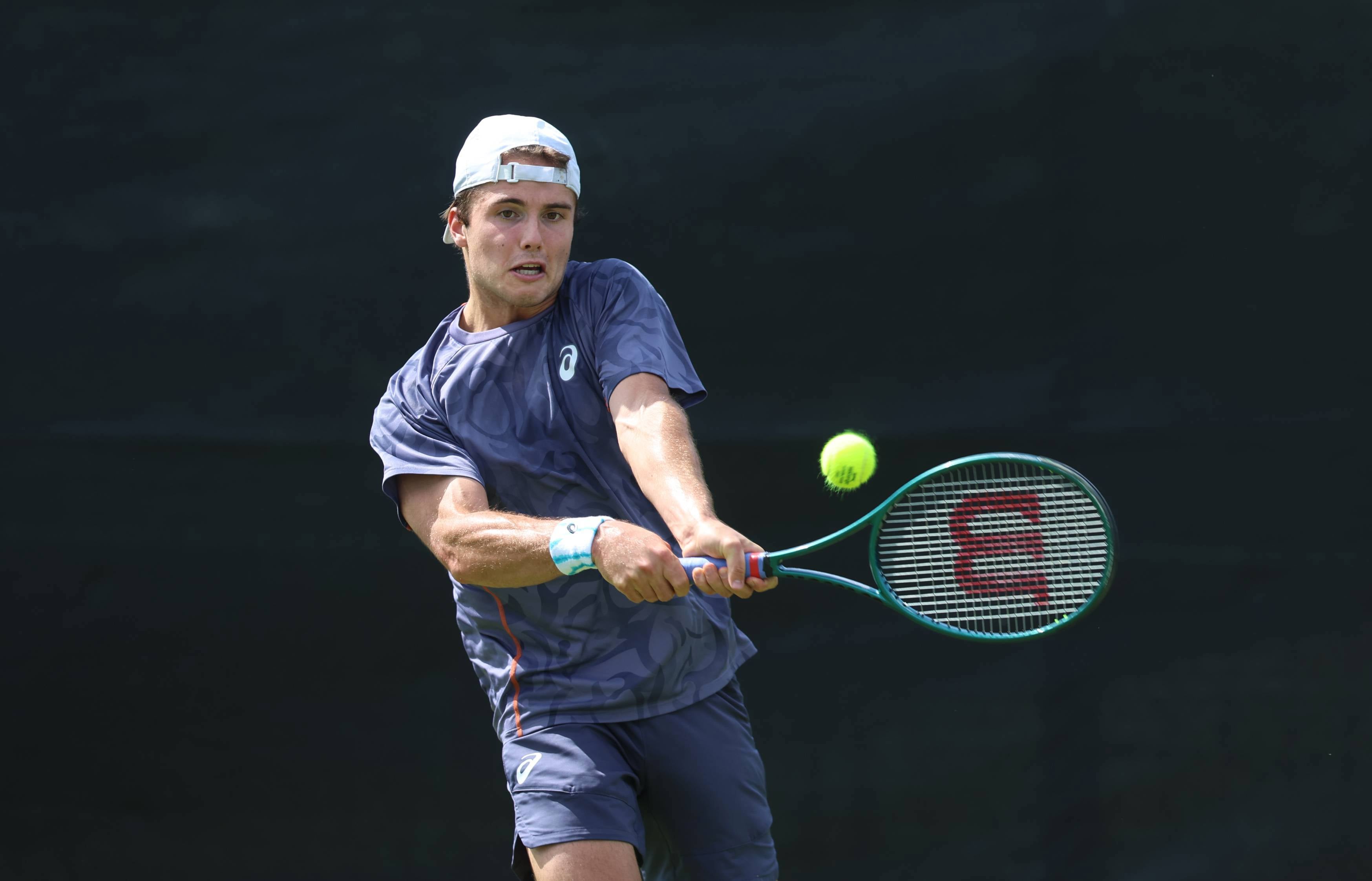 Arthur Fery hits a backhand in qualifying at the Lexus Nottingham Open