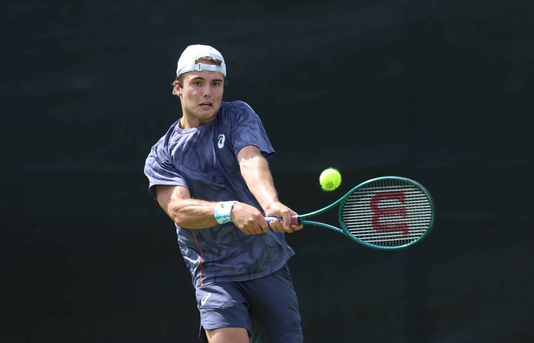 Arthur Fery hits a backhand in qualifying at the Lexus Nottingham Open