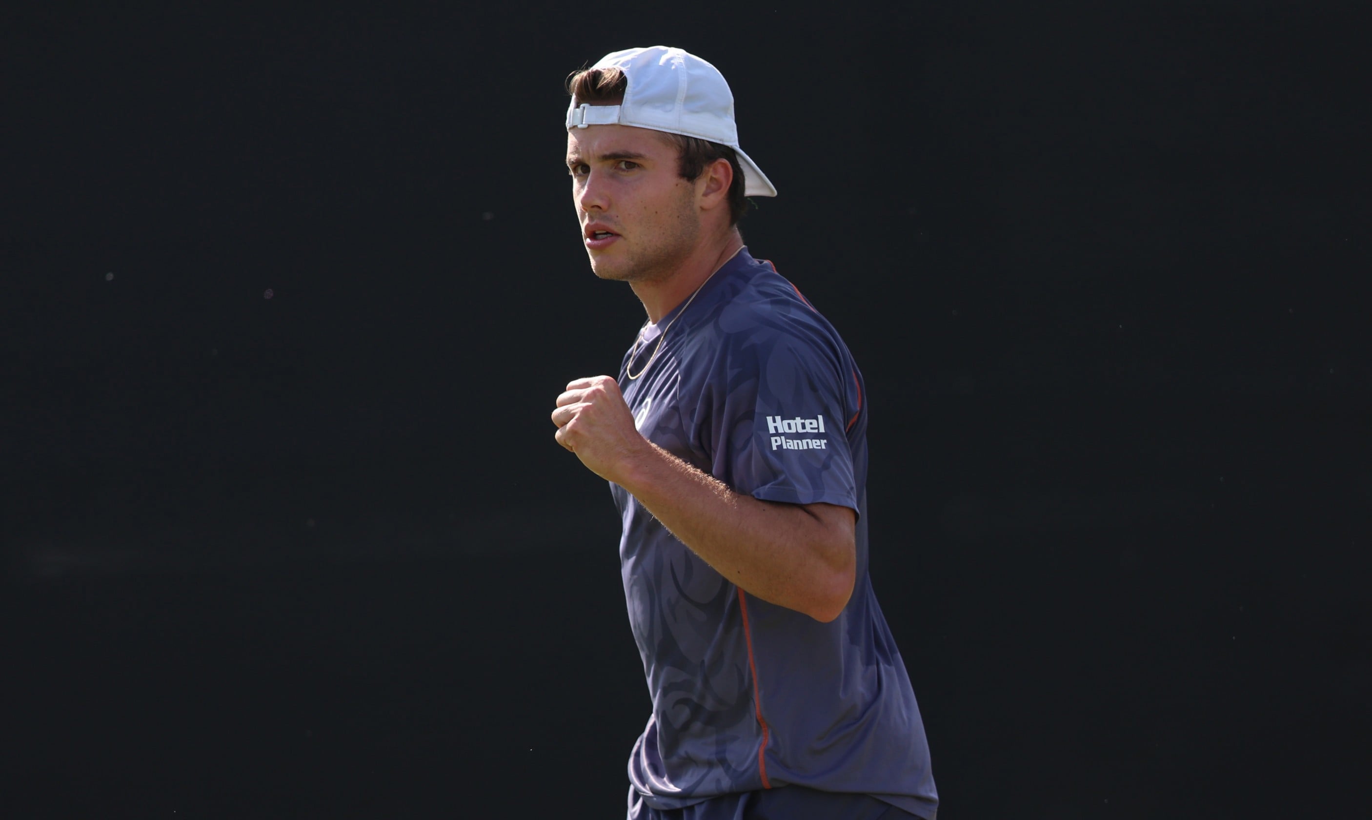 Arthur Fery gives a fist pump celebration at the Lexus Nottingham Open