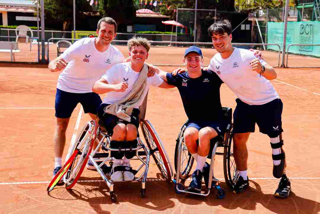 Wheelchair tennis players Ben Bartram, Andrew Penney and Dahnon Ward celebrating after winning bronze in the men's category at the World Team Cup