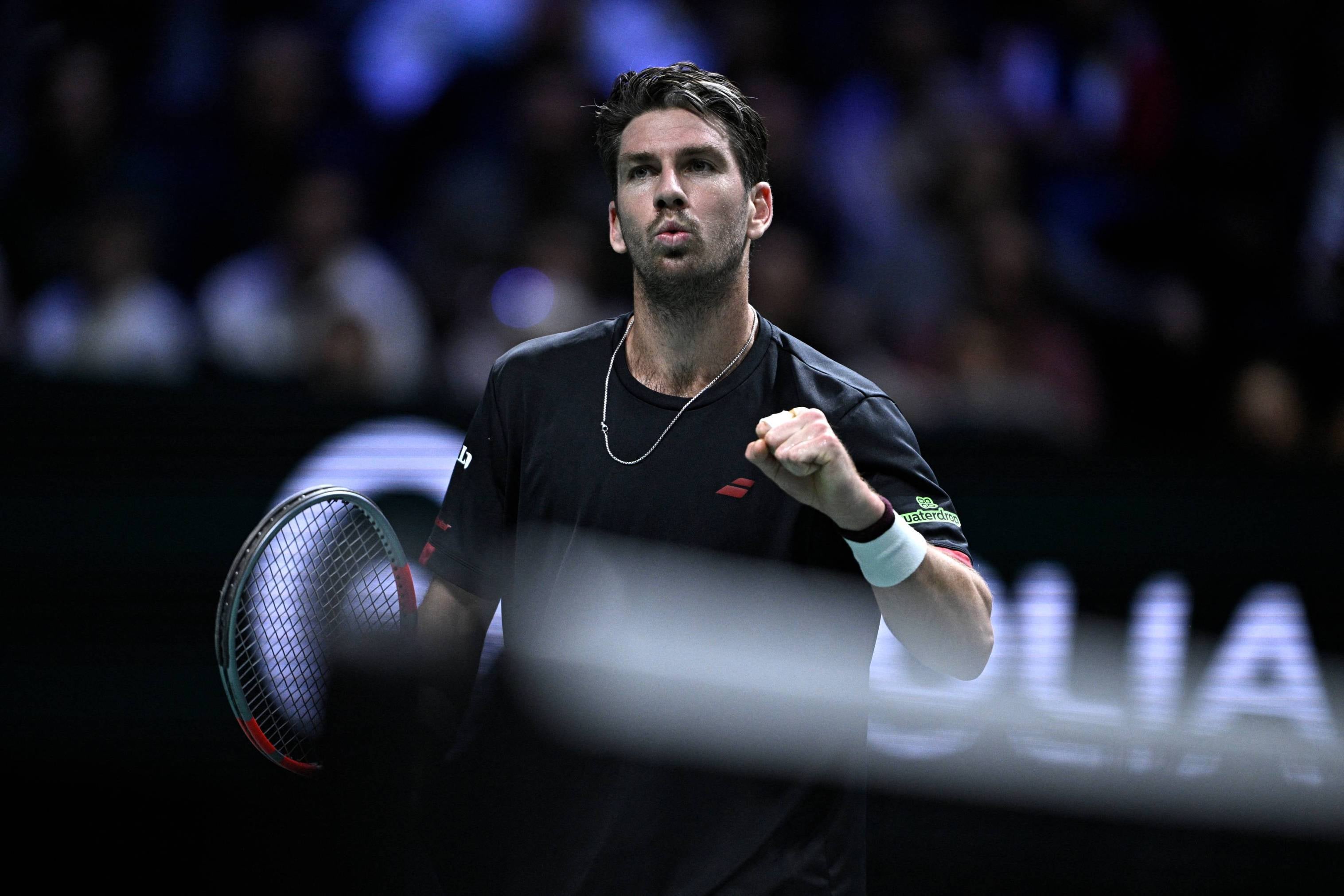 Cam Norrie gives a fist pump in action at the Rolex Paris Masters