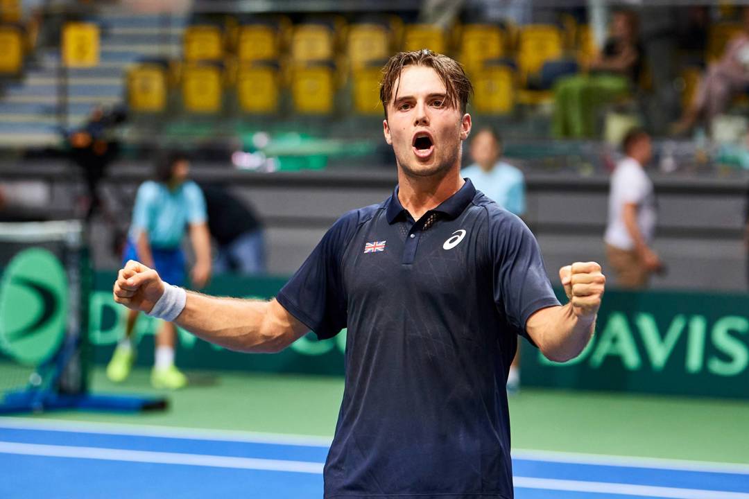 Arthur Fery celebrates getting his first Davis Cup victory against Poland