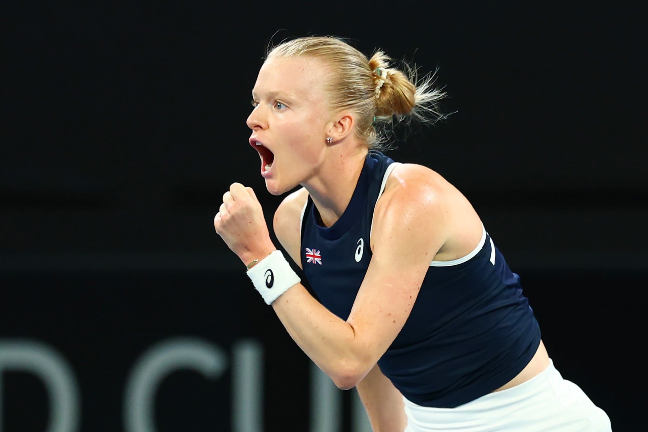 Harriet Dart celebrates winning her match against Kimberly Birrell at the Billie Jean King Cup