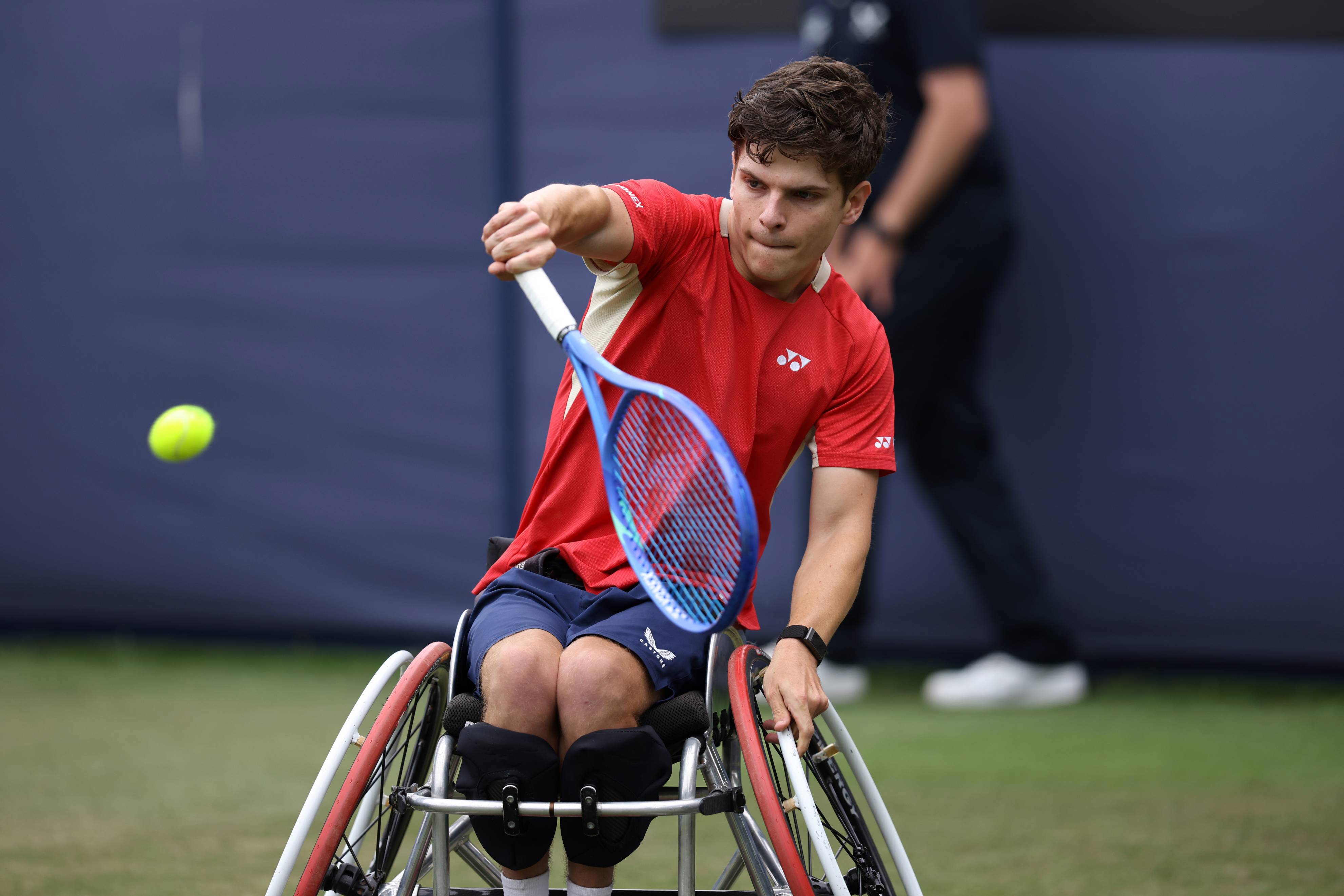 Greg Slade lines up a backhand on court at the Lexus Eastbourne Open