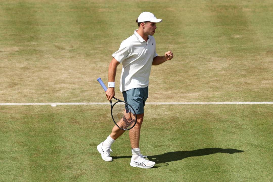 Arthur Fery gives a fist pump after winning a point in the second round of the HSBC Championships