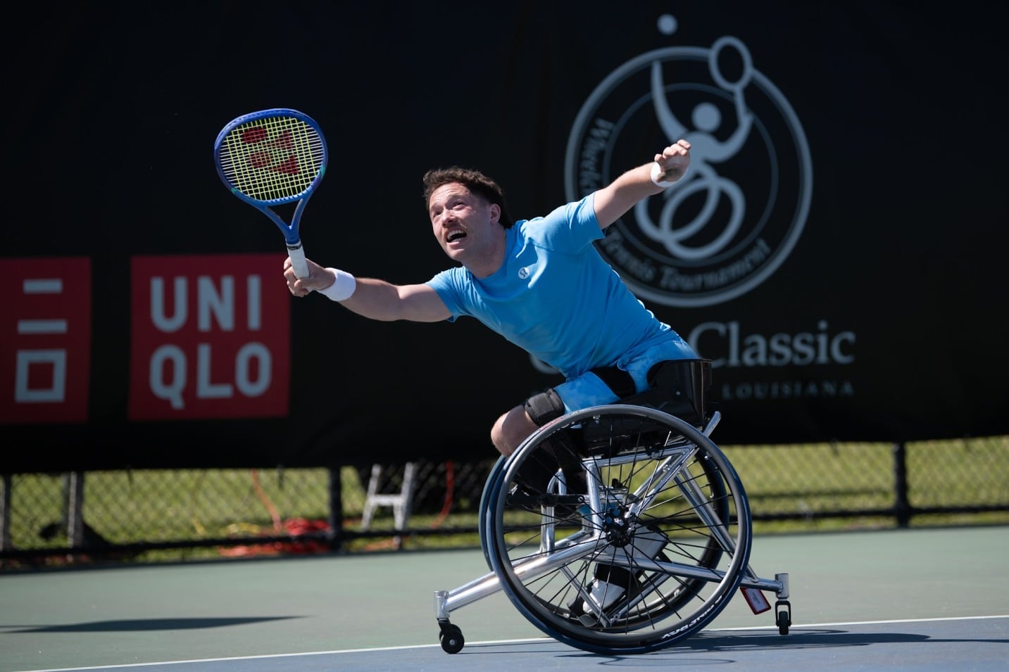 Alfie Hewett reaches for a forehand at the Cajun Classic