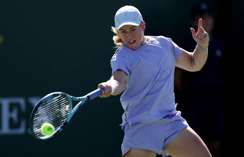 Sonay Kartal hitting a forehand on court at the BNP Paribas Open Indian Wells