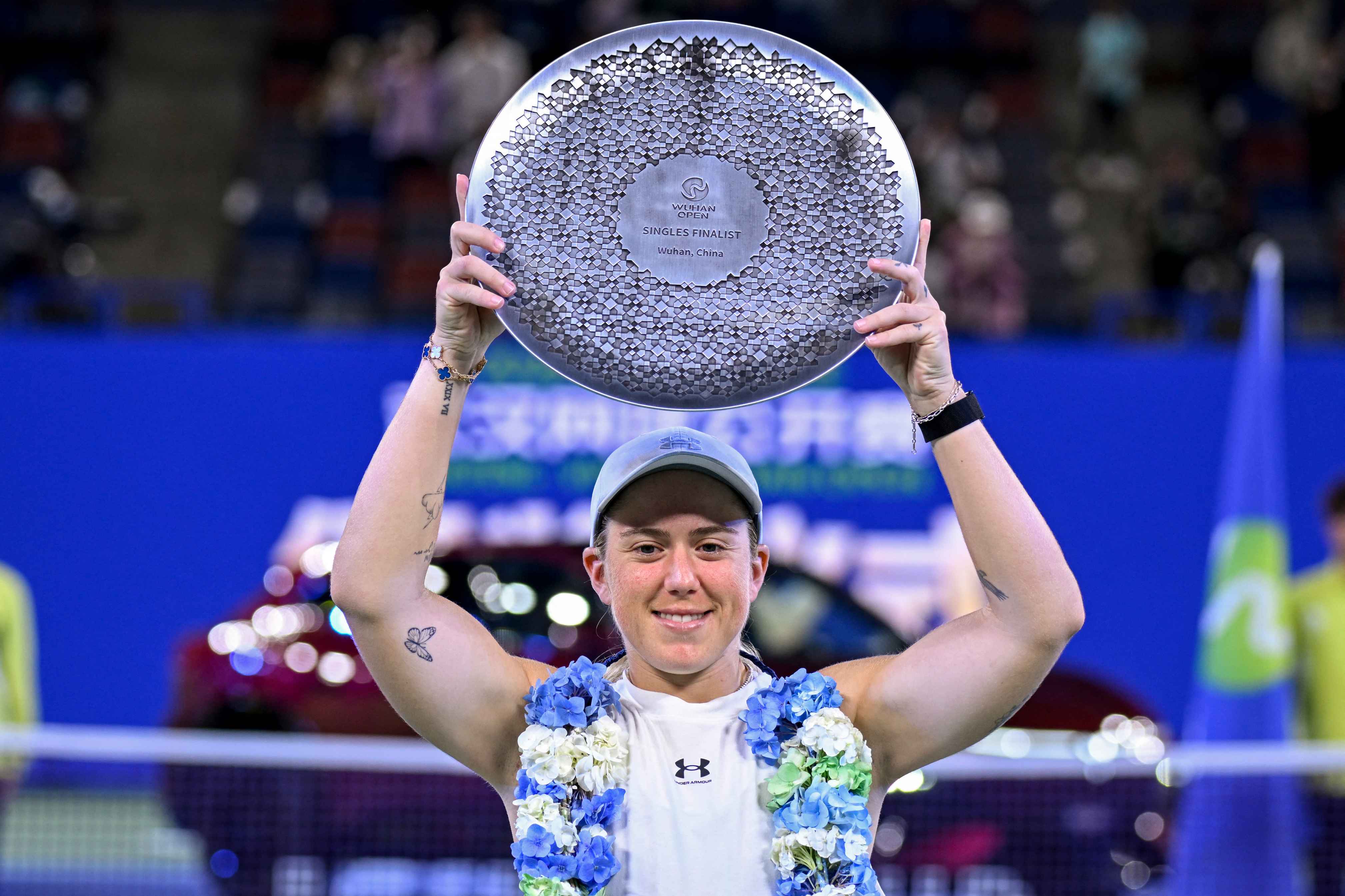 British tennis player Sonay Kartal holding the Wuhan Open runners-up shield