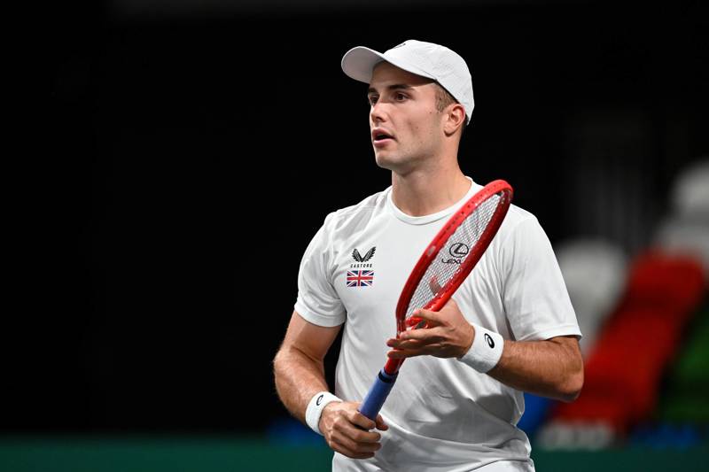 British tennis player Arthur Fery holding his tennis racket on court during training at the Davis Cup 