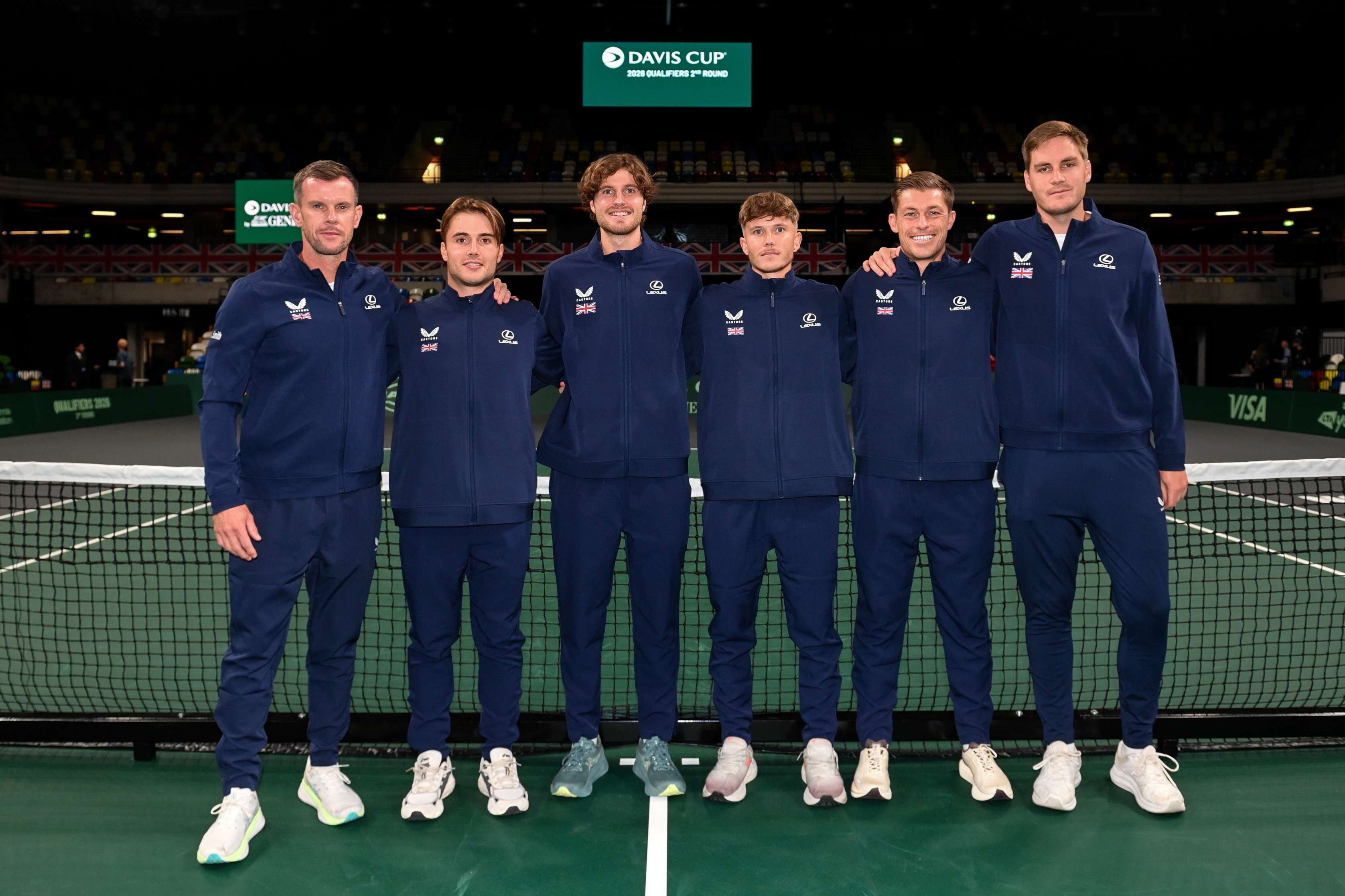 Leon Smith, Arthur Fery, Toby Samuel, Harry Wendelken, Neal Skupski and Henry Patten stood on court at the Davis Cup Qualifers at the Copper Box Arena in London