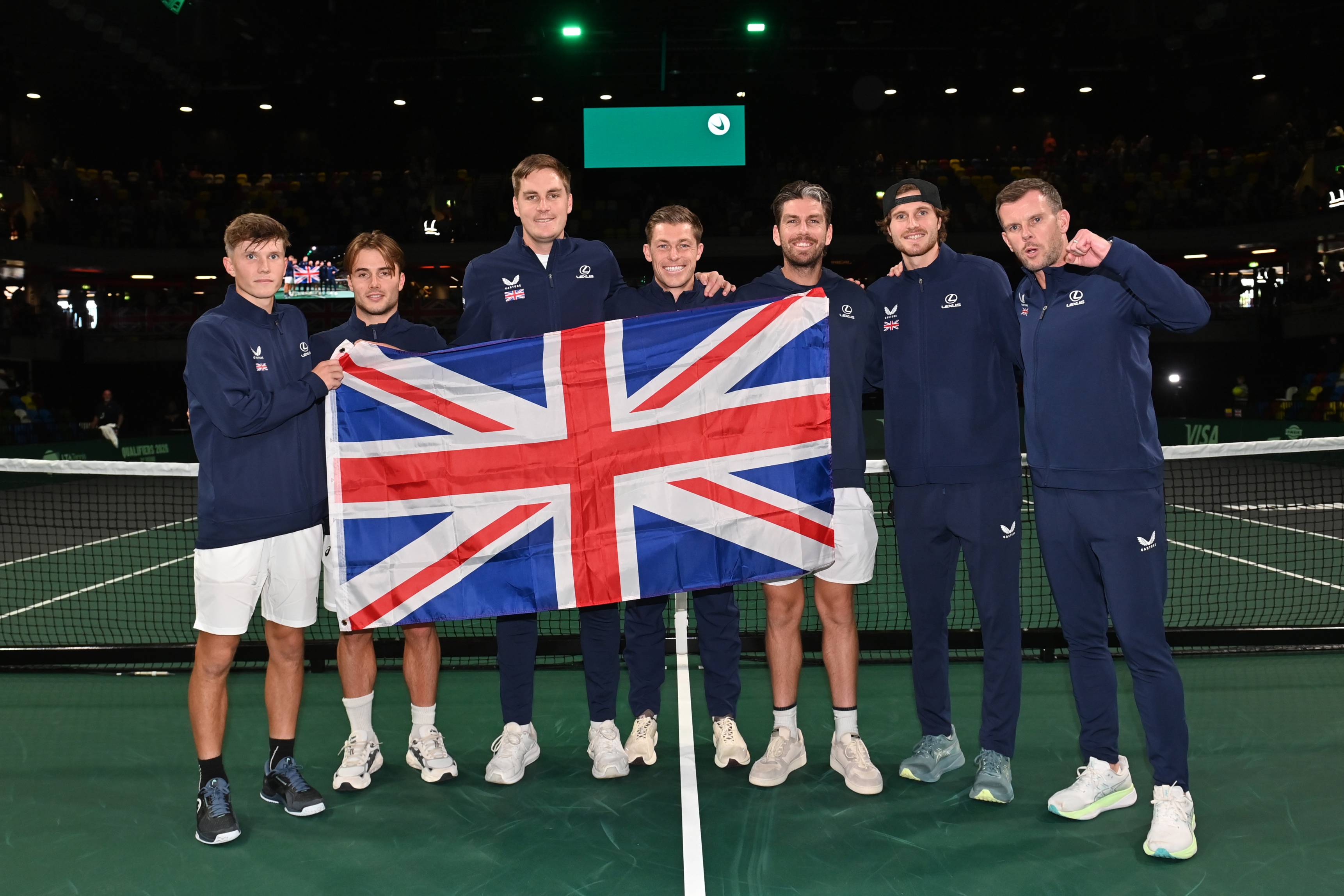 The Great Britain Davis Cup team celebrate a victory over Ecuador in the 2026 Qualifiers
