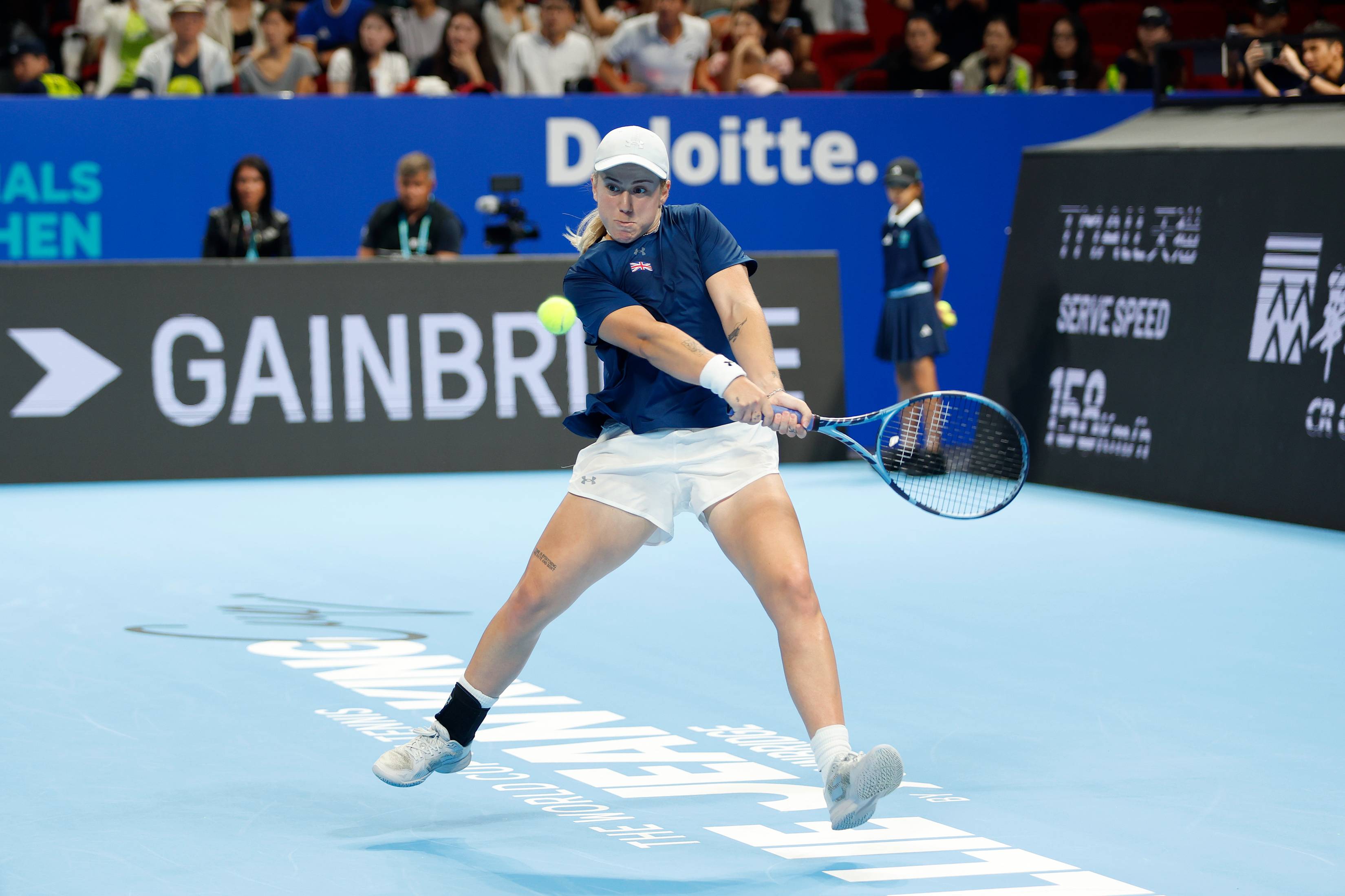 Sonay Kartal hitting a backhand during a match at the Billie Jean King Cup Finals 2026