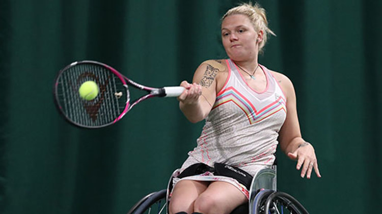 Wheelchair women tennis player Jordanne Whiley playing a forehand shot