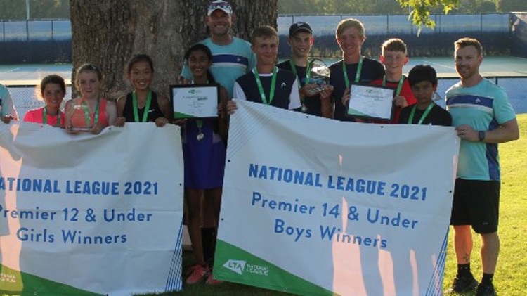 12U girls and 14U boys winning teams standing in a line holding the National League 2021 winners signs