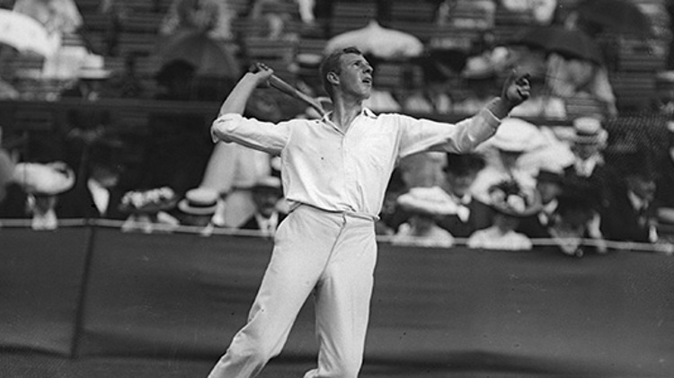 black and white image of anthony wilding serving