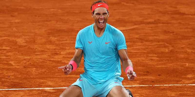 Rafael Nadal celebrating on court after his 13th French Open win